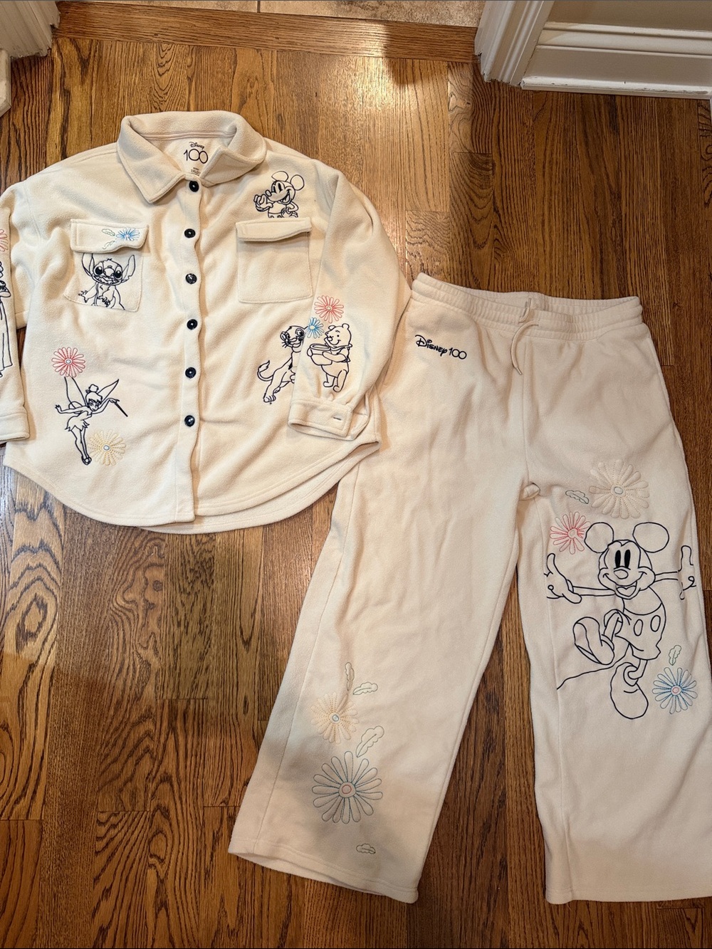 Disney Cream Kids Pajama Set with Embroidered Classic Characters